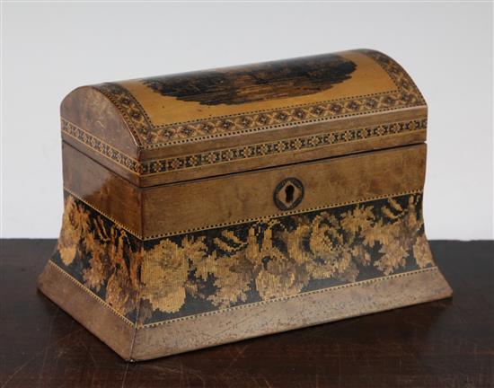 A Tunbridge ware stained birds eye maple Warwick Castle mosaic box, 7.25in.